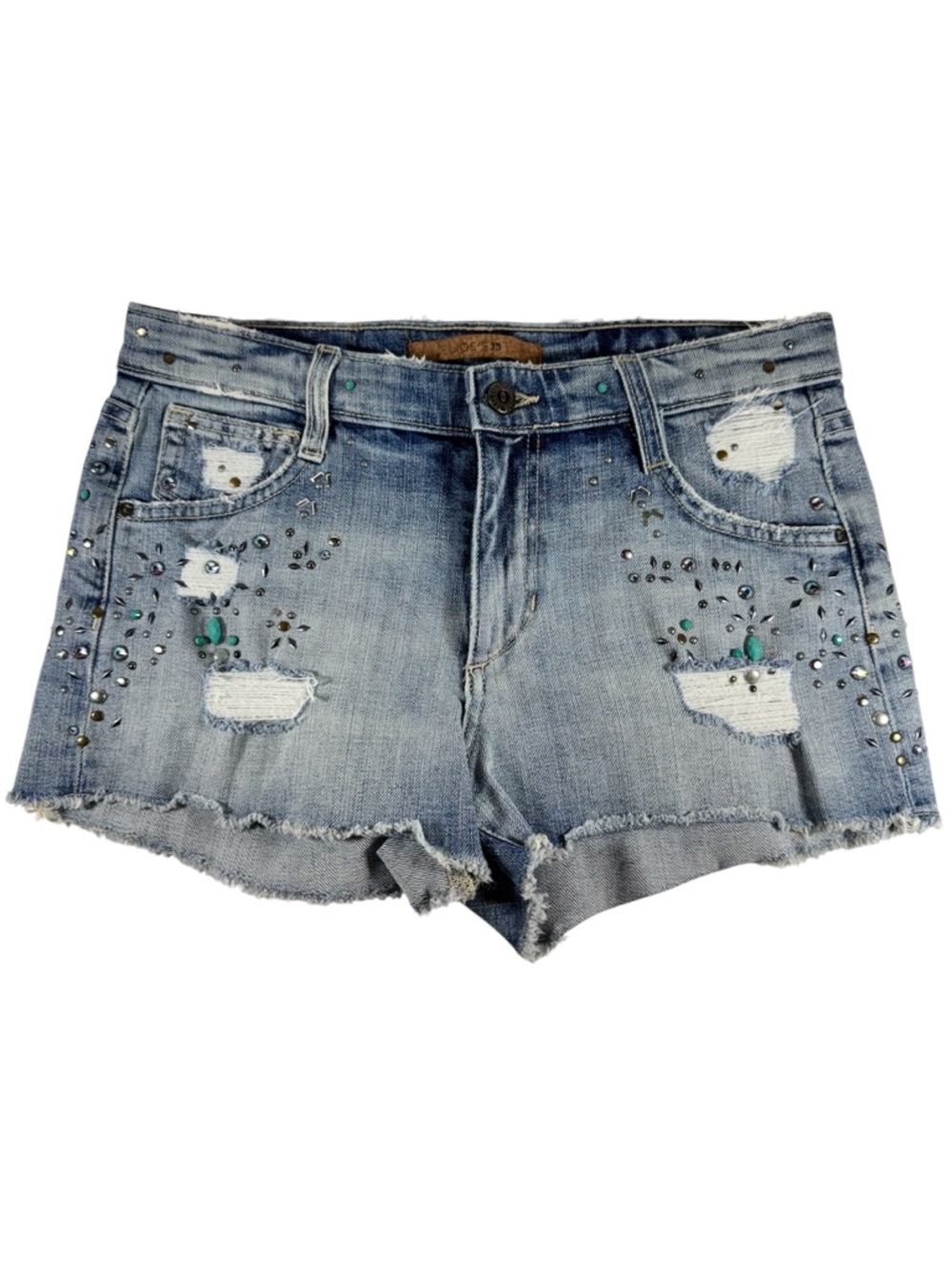 Joe’s Jeans Kerille Turquoise Rhinestone Distressed Denim Jean Shorts Women’s 27